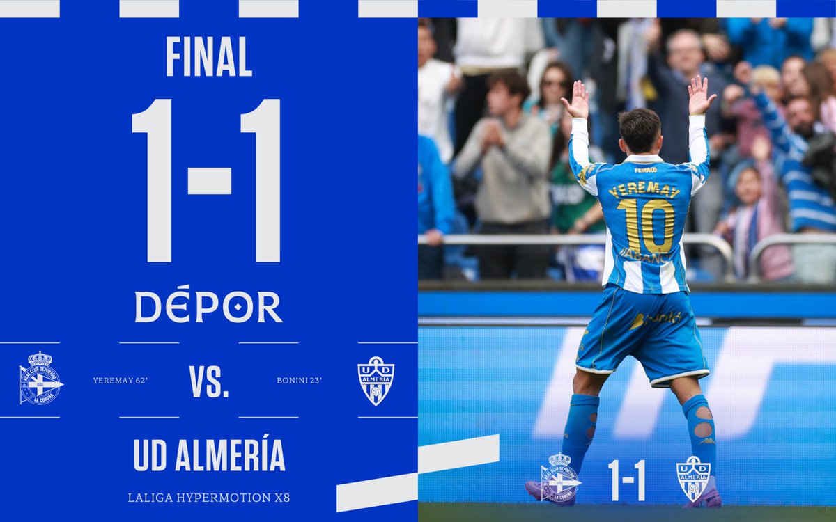 RCDeportivo's tweet photo. Final en #ABANCARIAZOR!

⏱️ 90+5’ | 1️⃣ - 1️⃣ |

#DéporAlmería #LaLigaHypermotion https://t.co/etWHxJuglQ