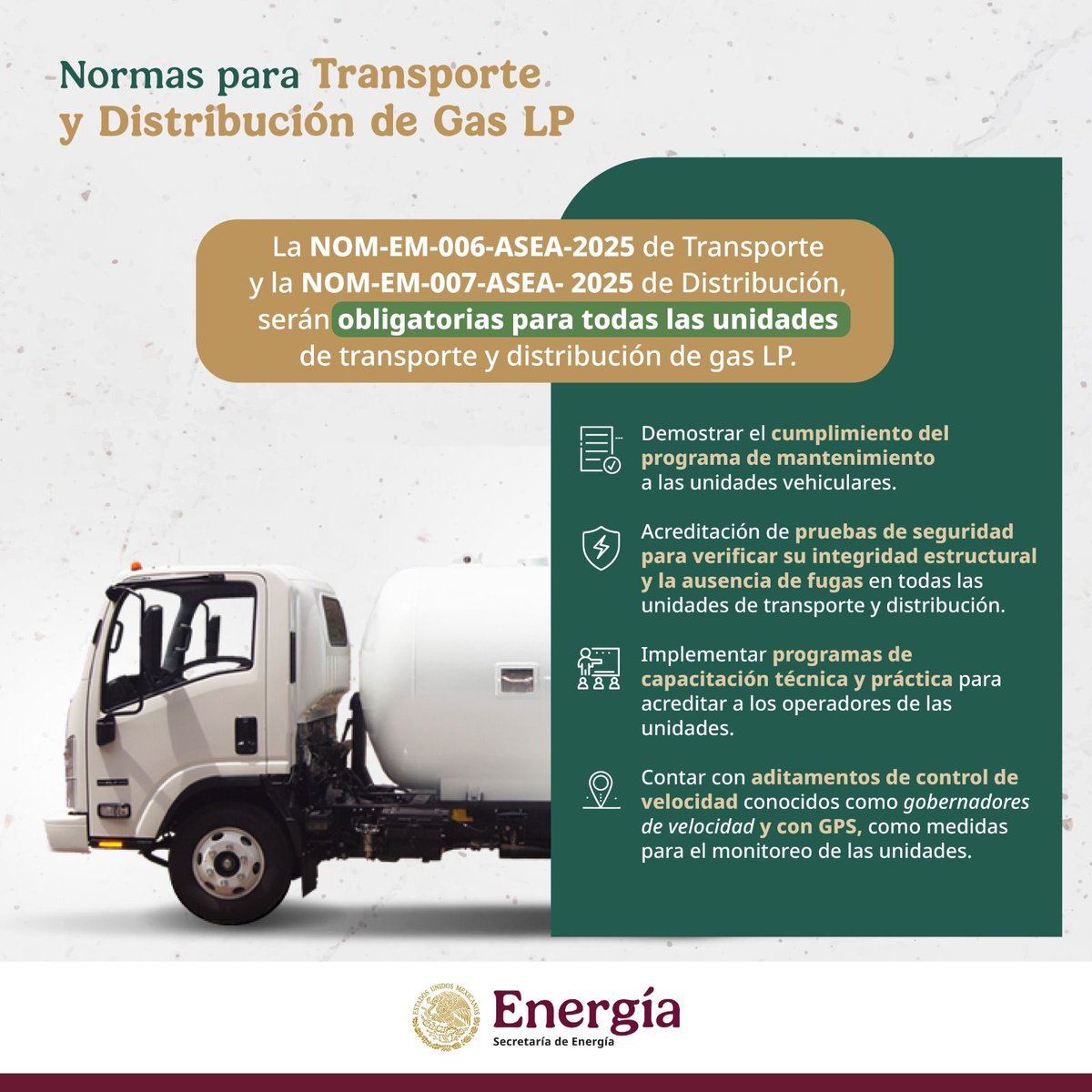La nueva regulación de seguridad para el transporte y distribución de #GasLP contempla la emisión de dos normas emergentes, compuestas por 4 acciones orientadas a la prevención y a la supervisión de las medidas de seguridad. 🦺🥽🚚