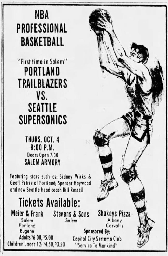 77Blazers's tweet image. October 4, 1973 - The @trailblazers and @SeattleSonics played to slight controversial finish in front of 1,800 fans at the Salem Armory.

The #Blazers outscored the #Sonics 6-2 in the final 71 seconds to secure a two-point victory, despite a 24 second violation to &quot;end&quot; the game.…