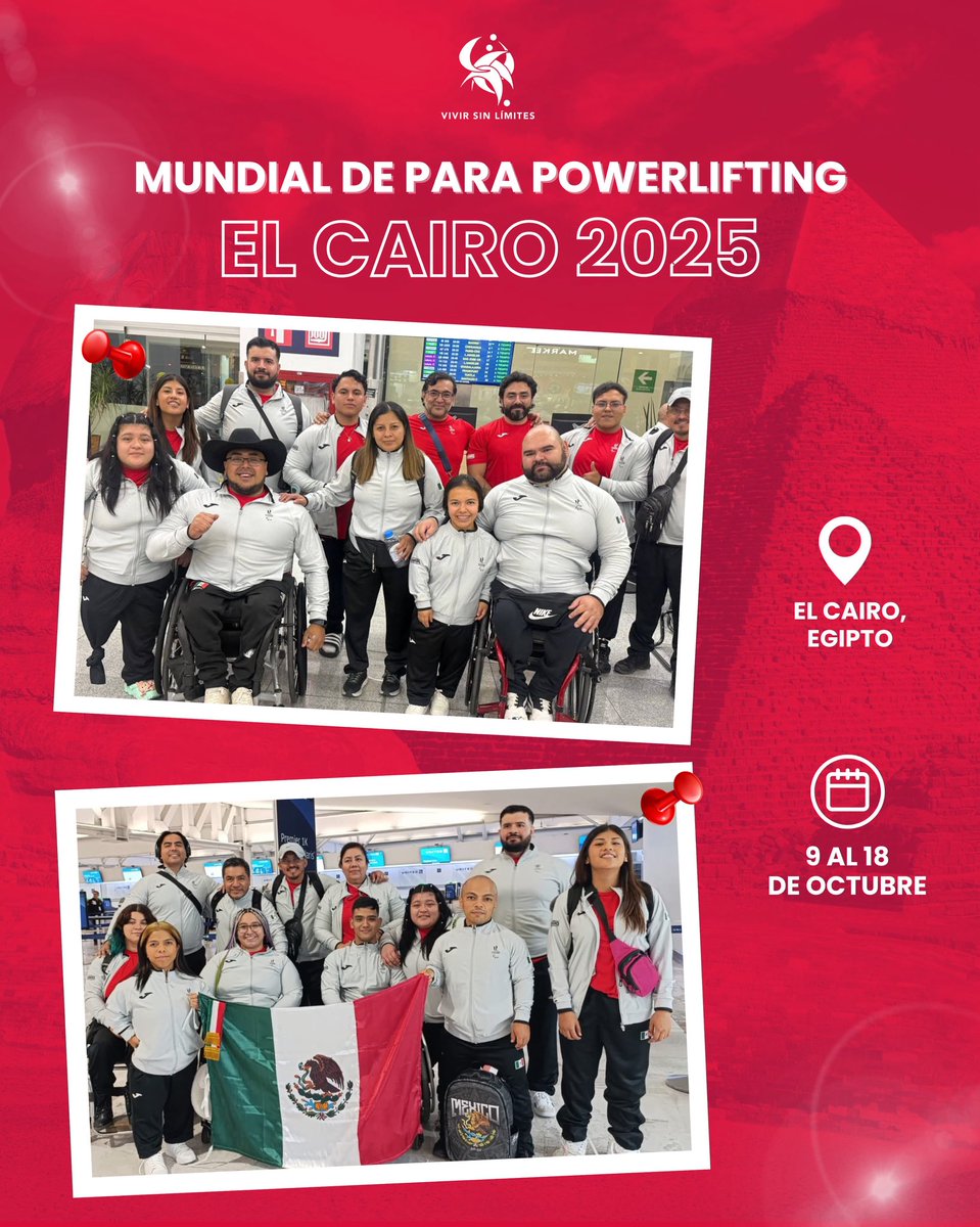 LesterGuantana's tweet photo. 🇲🇽💪 ¡Rumbo al Mundial!

Nuestra delegación mexicana de Para Powerlifting viaja hoy al Campeonato del Mundo en El Cairo 🇪🇬.

🔥 ¡Mucho éxito, equipo!

#ParaPowerlifting #VivirSinLímites  #ElCairo2025 https://t.co/bWI0Pb9353