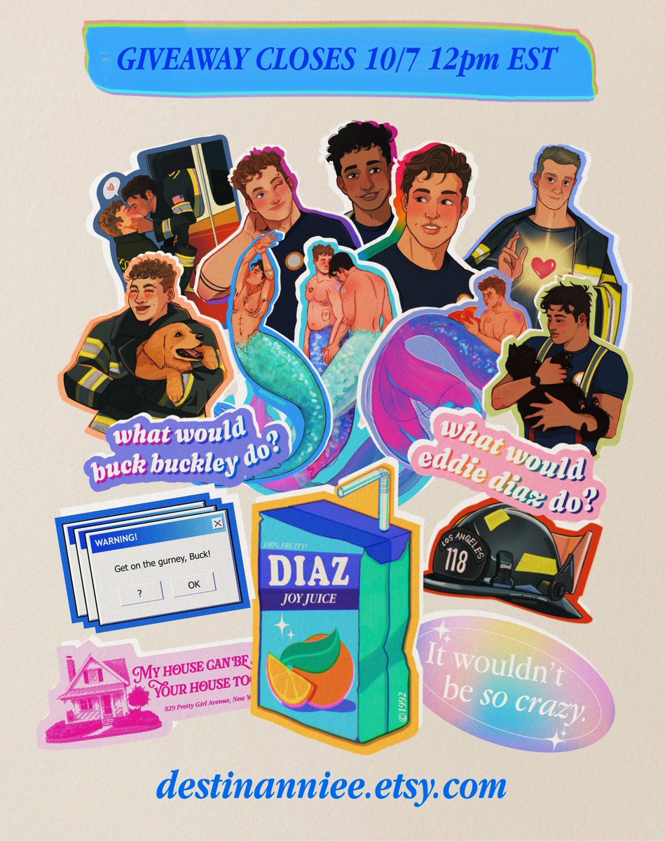 💫 911 STICKER GIVEAWAY 💫

-must be following me
-rt this post + comment 5 stickers u want
-closes 10/7 at 12pm eastern
-open internationally 

winner will receive FIVE stickers of their choosing! (existing orders can be credited)

destinanniee.etsy.com