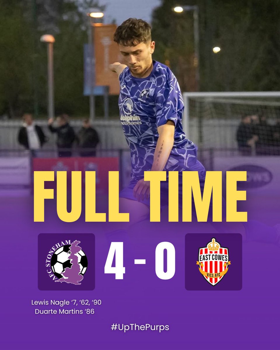 Full Time |

A 4-0 victory over East Cowes Vics this afternoon. A hat trick for Lewis Nagle and a single for Duarte Martins saw off our visitors. 

#UpThePurps ⚽️💜