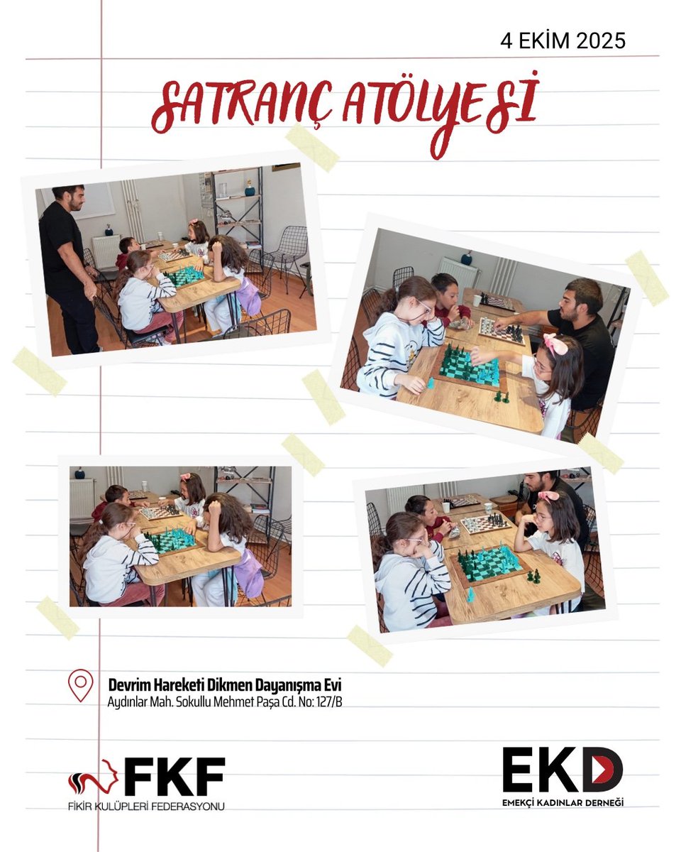 Gerici Eğitime Karşı Dayanışma Atölyeleri kapsamında Satranç Atölyesi etkinliğimiz Devrim Hareketi Dikmen Dayanışma Evi'nde gerçekleştirildi ✅

19 Ekim Pazar günü "Beyin ve Öğrenme" atölyesinde görüşmek üzere ✨