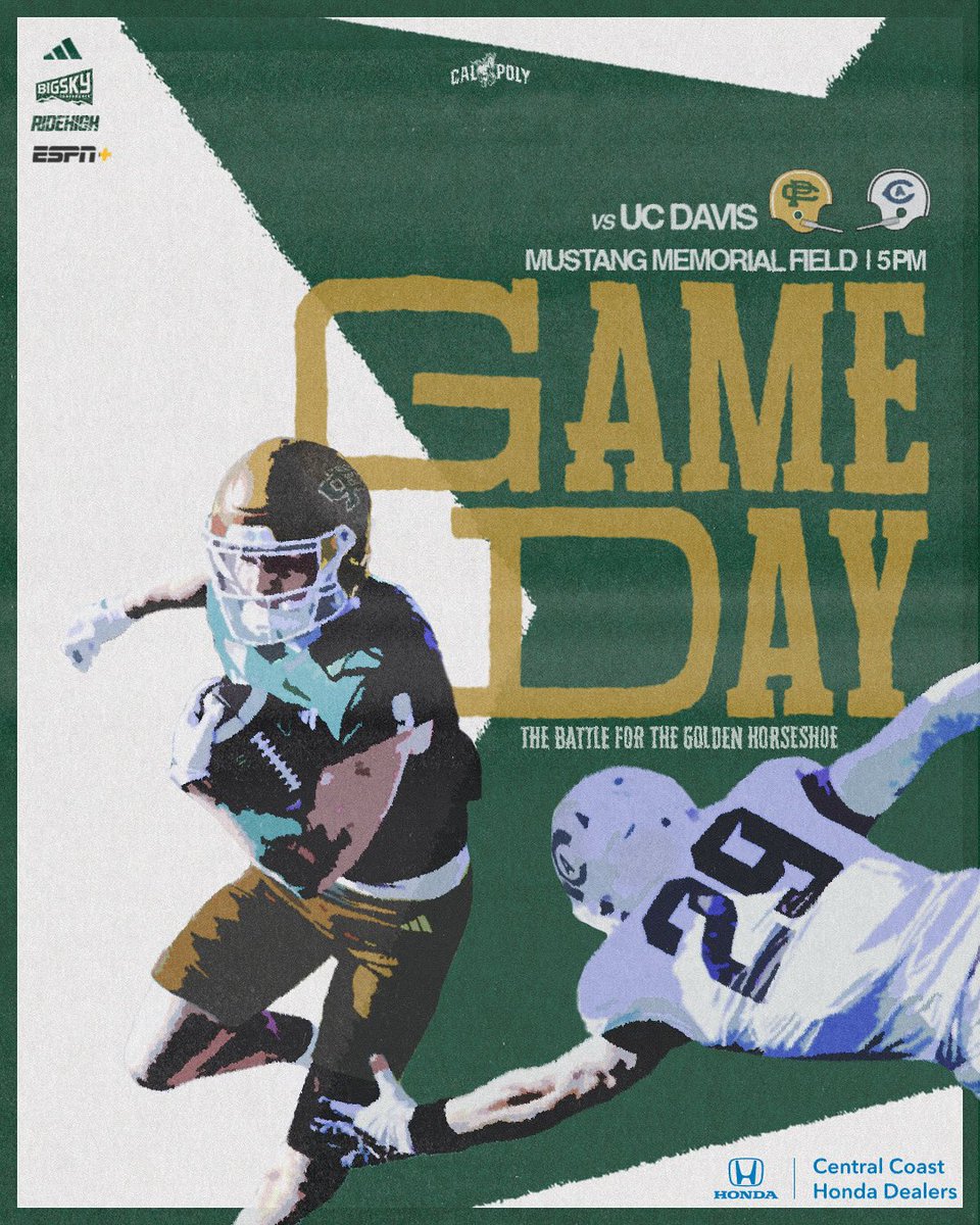 calpolyfootball's tweet image. Time to 𝐛𝐚𝐭𝐭𝐥𝐞 for the Golden Horseshoe!

🆚 No. 7 UC Davis
📍 Mustang Memorial Field, SLO
⏰ 5pm
📺 ESPN+
📊 GoPoly.com

#RideHigh