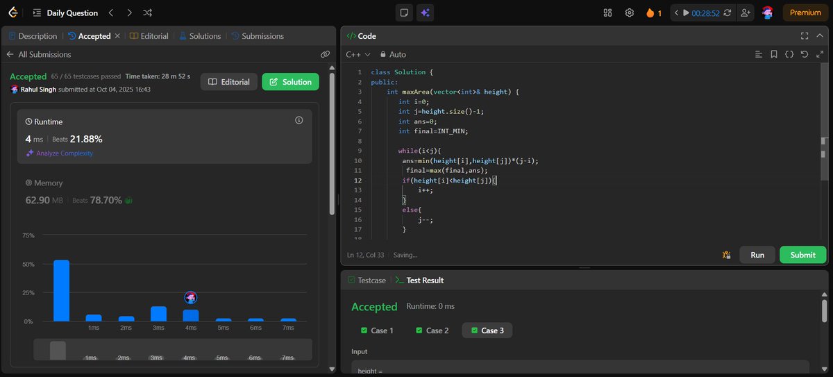 RahulSingh30070's tweet photo. 📌Day 16 Progress
▫️ Completed Software Engineering mid-sem paper ✅
▫️ Revised OOPs: Encapsulation &amp; Inheritance ✨
▫️ Solved LeetCode 11 (Container With Most Water) POTD using two-pointer approach 💪
Keeping the streak alive! 🚀
#DSA #LeetCode #100DaysOfCode #MidSemPrep #OOPs https://t.co/Jso4df8LCm