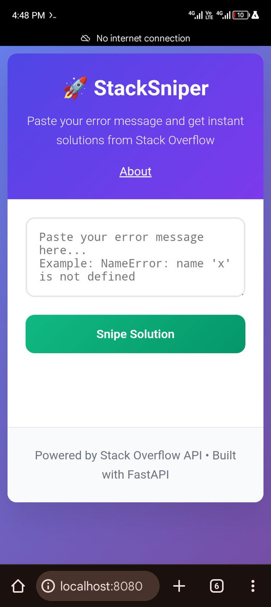 raymondproguy's tweet image. 🚀 StackSniper v1 is almost LIVE!
On @pxxl_space What it does:
Paste any error message
Get top @StackOverflow solutions formatted responses, Zero setup required, Good for quick debugging🥺
Built with Node.js + Express
#debugging #coding #javascript #python #buildinginpublic