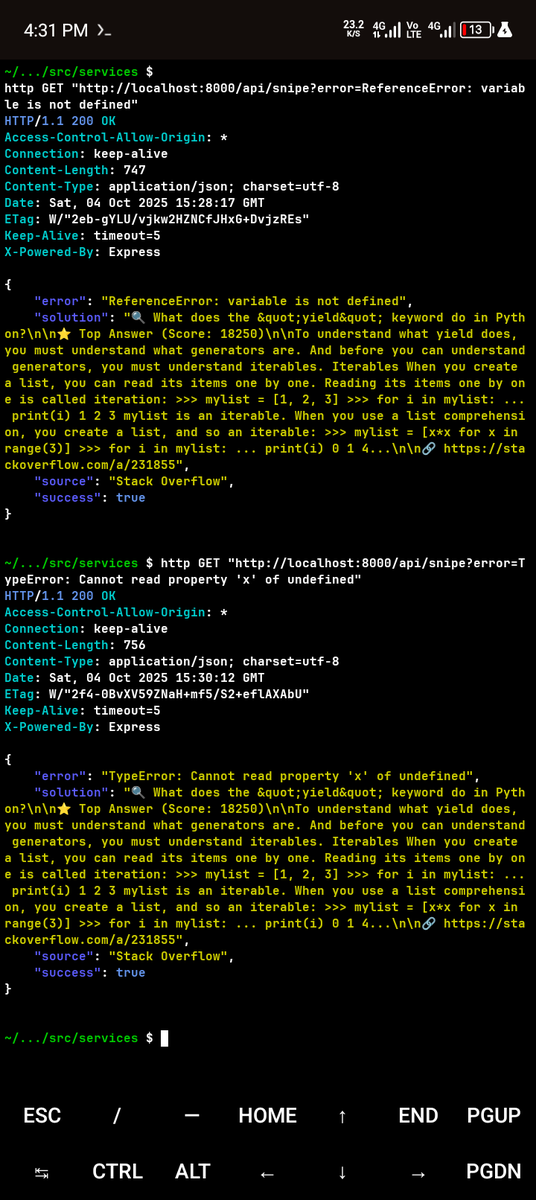 raymondproguy's tweet image. 🚀 StackSniper v1 is almost LIVE!
On @pxxl_space What it does:
Paste any error message
Get top @StackOverflow solutions formatted responses, Zero setup required, Good for quick debugging🥺
Built with Node.js + Express
#debugging #coding #javascript #python #buildinginpublic
