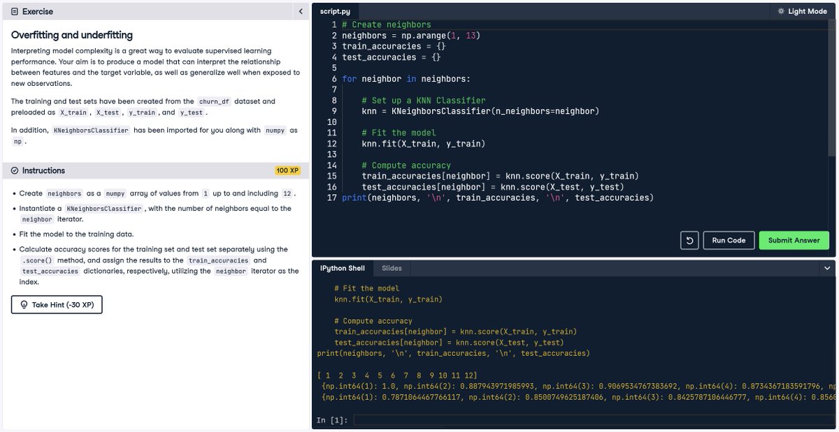 amishagurung91's tweet photo. #LUD7
Learned classification with supervised learning: split data, fit models, predict, and evaluate accuracy. Explored model complexity and applied it to classify customer churn in a telecom dataset.
#LearningUtsav2025 #30DaysOfAIML #FestivalOfLearning @DataCamp https://t.co/opPt97hxA5