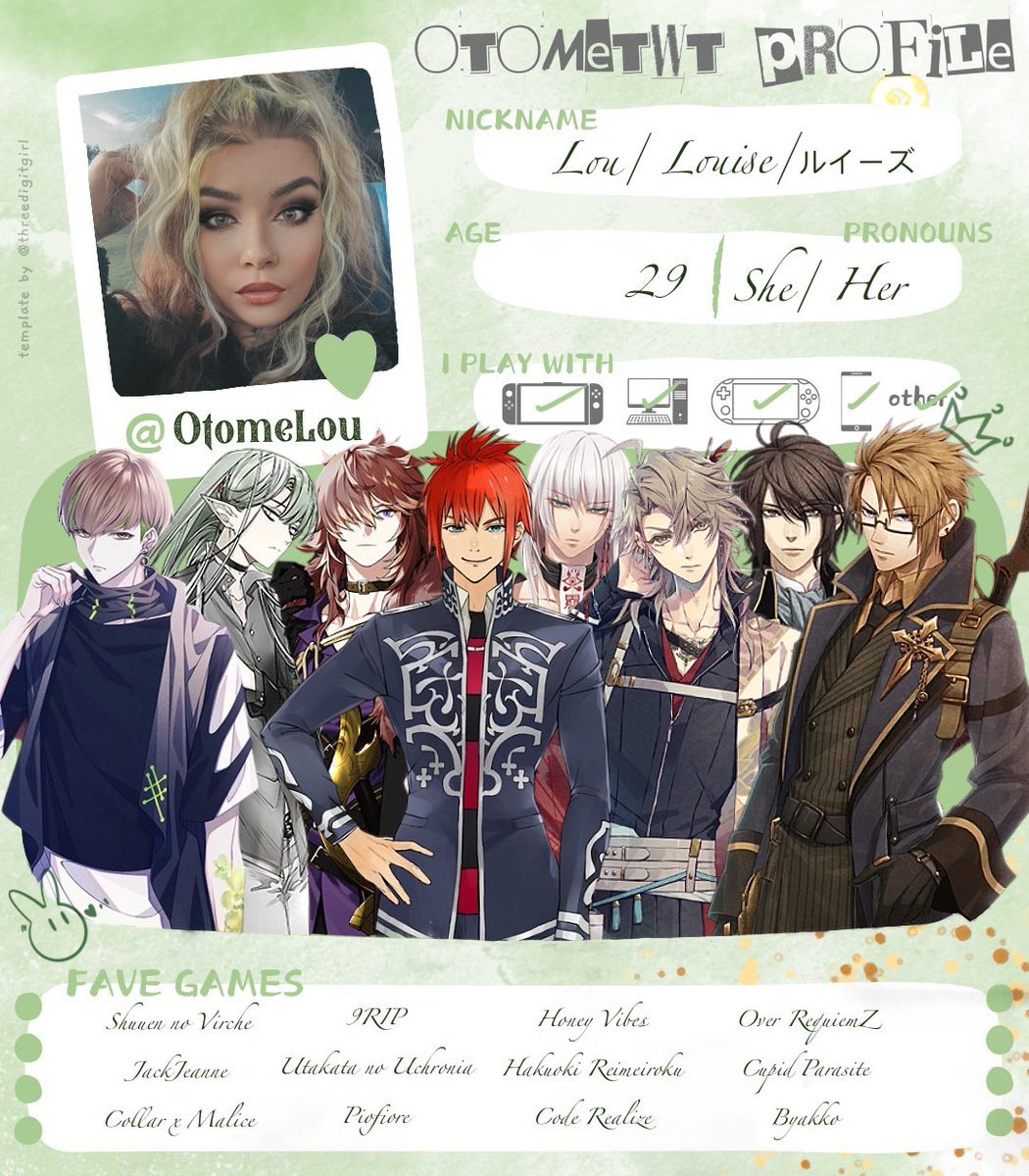 OtomeLou's tweet image. Updated #otometwtintro 💚 

Hi I’m Louise, I’m always looking to meet new otome moots, so we can rant about our favourite LI’s. I usually follow back, and my DM’s are always open to like-minded people. ✨

Thank you @threedigitgirl for the template 💚
