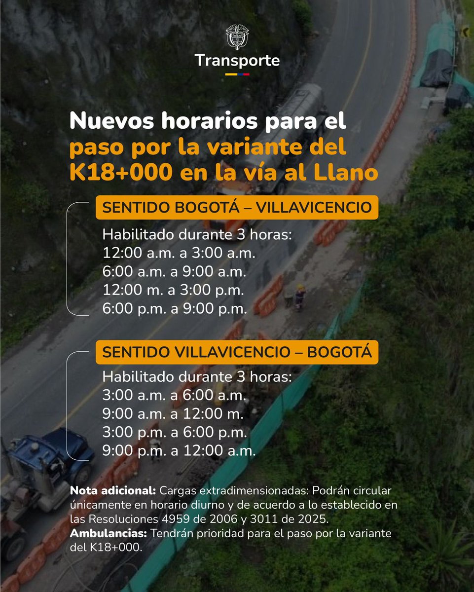 📢 ¡Atención usuarios de la vía Bogotá – Villavicencio!
Conoce los nuevos horarios de paso por la variante del K18+000.
🕒 Consulta la franja que corresponde a tu sentido de viaje y planifica tu desplazamiento.
🚑 Recuerda: las ambulancias tienen prioridad. #ConDignidadCumplimos