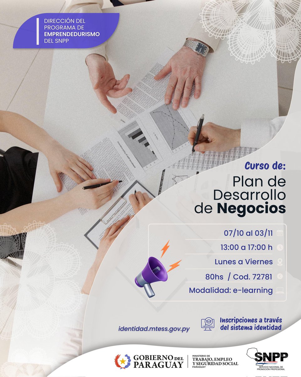 SNPP_Paraguay's tweet photo. 📢 Cursos gratuitos para emprendedores – Octubre, Modalidad on-line

Habilitamos nuevas capacitaciones virtuales diseñadas para fortalecer los conocimientos de emprendedores de todo el país y egresados del SNPP que desean hacer crecer sus negocios.

💡 Estos cursos brindan herramientas prácticas en áreas clave para el desarrollo de emprendimientos sostenibles, con una metodología dinámica y accesible.

📚 Oferta formativa

• Plan de Desarrollo de Negocios
• Herramientas Digitales para Emprendedores
• Motivación Emprendedora
• Técnicas de Ventas para Emprendedores
• Gestión Administrativa de RR. HH. para Emprendedores

📲 Inscripciones a través del Sistema Identidad

👉 https://t.co/PKHFk16RwU

📞 Más información al: 0961 782860

🚀 ¡Formate gratis y potenciá tu negocio con herramientas prácticas para competir en el mercado actual!

#CursosOnline #ProgramaDeEmprendedurismo #GobiernoDelParaguay