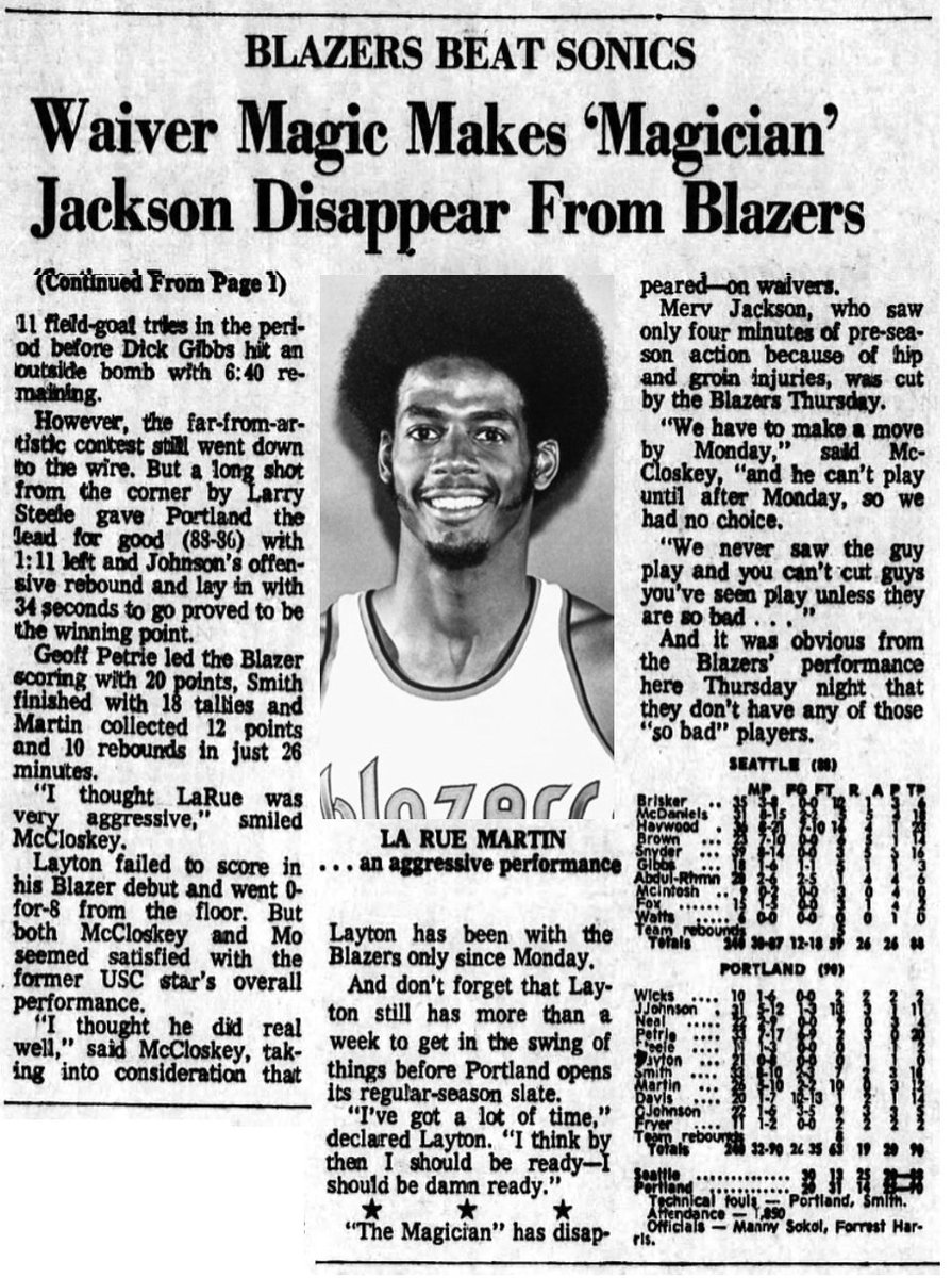 77Blazers's tweet image. October 4, 1973 - The @trailblazers and @SeattleSonics played to slight controversial finish in front of 1,800 fans at the Salem Armory.

The #Blazers outscored the #Sonics 6-2 in the final 71 seconds to secure a two-point victory, despite a 24 second violation to &quot;end&quot; the game.…