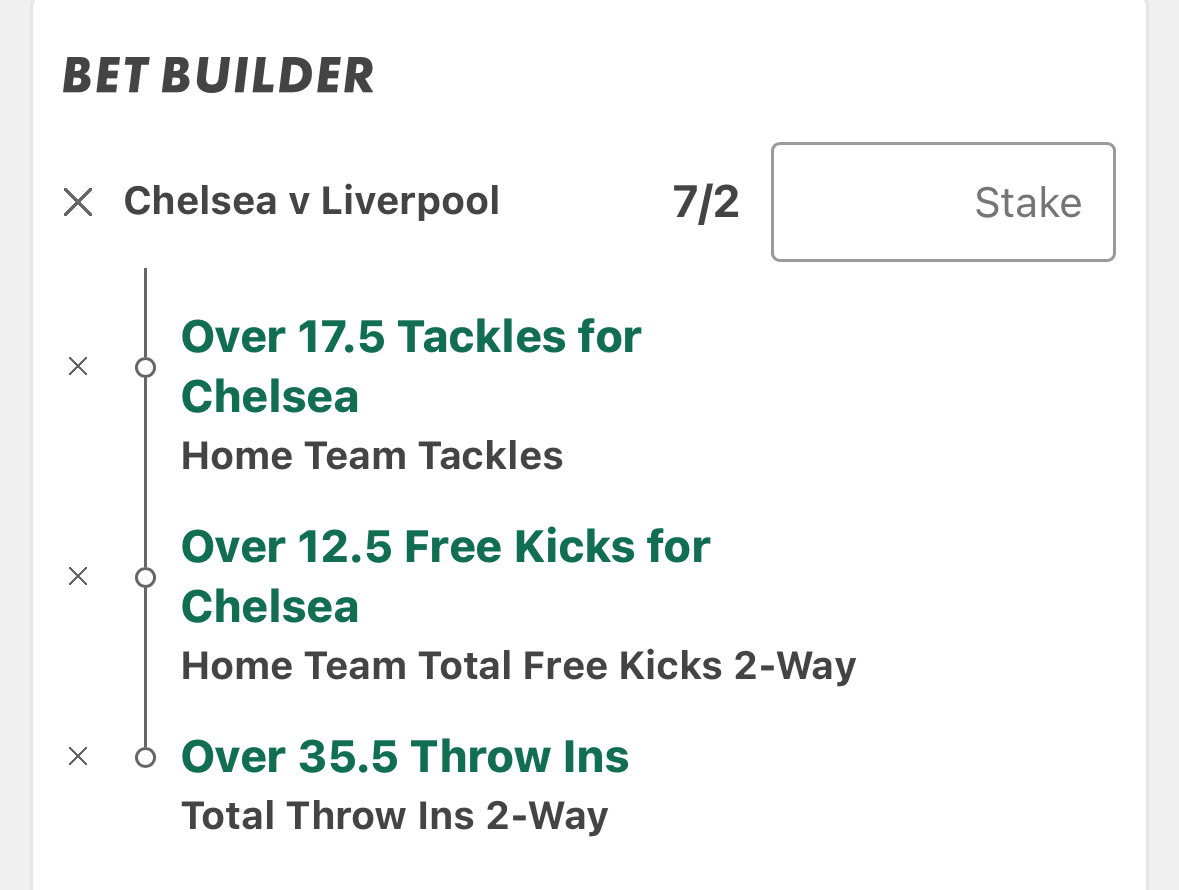 Chelsea vs Liverpool

Chelsea home tackles: 29, 21, 19, 13, 18, 19, 23

Chelsea match throw ins: 39, 40, 43, 29, 35, 38, 39, 39

Chelsea free kicks: 16, 18, 21, 16, 16, 13, 18, 11, 12