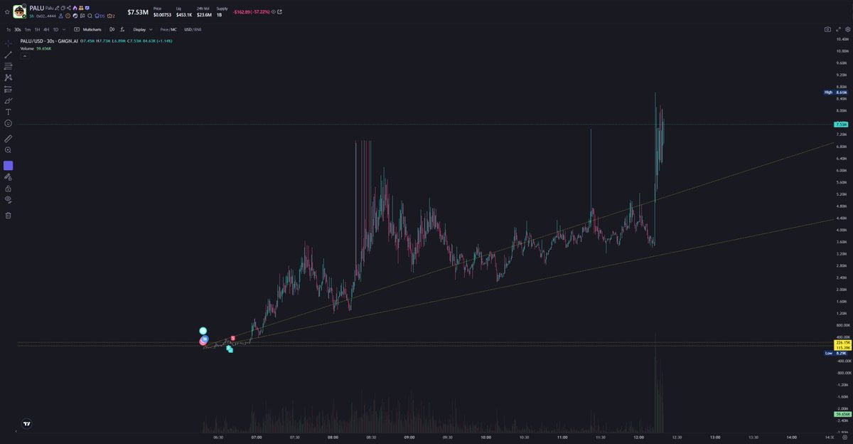 BitcoinHomework's tweet image. Called $PALU in @solmafiaHQ discord channel hours ago at $30k. @cz_binance just mentioned #PALU, and it blasts to $8m...unreal! 

$SOL trenches are over... $BNB on top