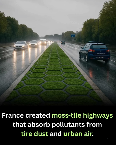 Rainmaker1973's tweet photo. France is testing an innovative solution to urban pollution with its moss-tile highways — a fusion of nature and infrastructure that quietly cleans the air as vehicles pass by. 

These highways are embedded with living moss tiles between and alongside lanes. The moss acts like a natural sponge, absorbing fine particulate matter from tire dust, exhaust fumes, and general urban pollution.

Unlike traditional concrete barriers, moss acts as a natural air filter, capturing fine particulate matter (PM2.5 and PM10) that contributes to respiratory diseases and environmental degradation.