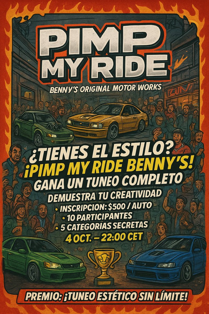 🛠️ | PIMP MY RIDE 

La diversion y entretenimiento en este día sábado corre por cuenta del Benny's gracias a su nuevo evento PIMP MY RIDE 

En esta competición de tuneo los participantes deberán demostrar su creatividad personalizando vehículos para poder avanzar en varias