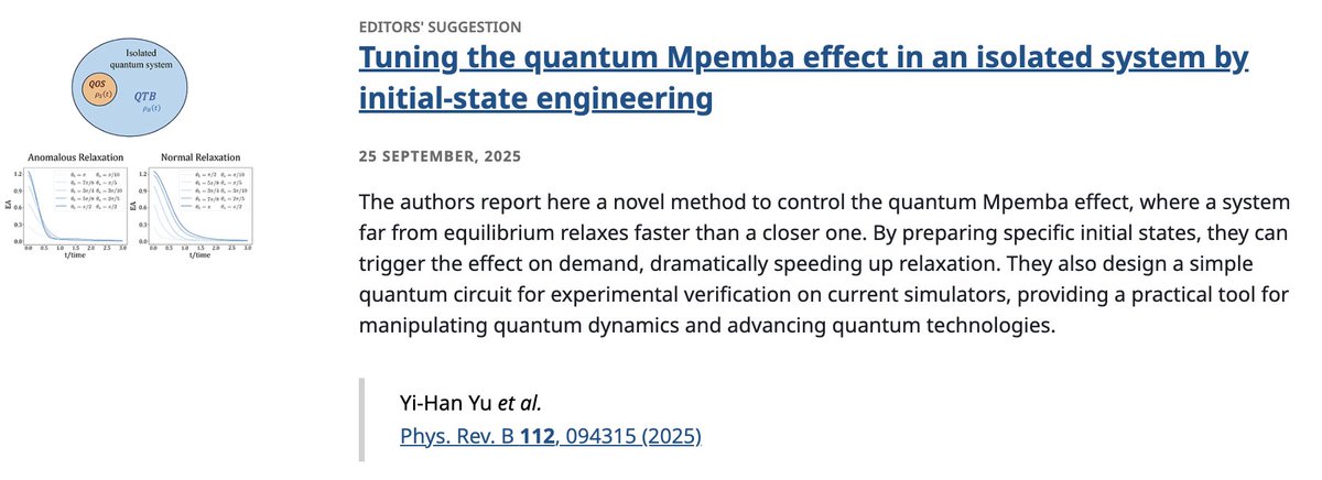 PhysRevB's tweet photo. PRB Editors' Suggestion: Tuning the #quantum #MpembaEffect in an isolated system by initial-state engineering

Yi-Han Yu, Tian-Ren Jin, Lv Zhang, Kai Xu, and Heng Fan
Phys. Rev. B 112, 094315

➡️ https://t.co/BGYcWZFFCt
#EdSugg @APSPhysics #physics #condmat https://t.co/ge8GZjpJv1