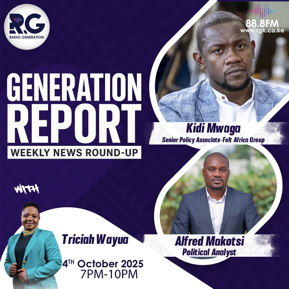 Generation Report!
Join <a href="/TriciahWayua/">Triciah Wayua</a>, <a href="/alfredmakotsi/">Alfred Makotsi</a> and <a href="/KidiMwaga2/">Kidi Mwaga</a>  as they break down the biggest stories shaping Kenya and beyond from 7PM – 10PM 
Watch live on all our platforms.
Nairobi 88.8FM | Mombasa 90.7FM | rgk.co.ke

#GenerationReport #HomeOfHardTruths