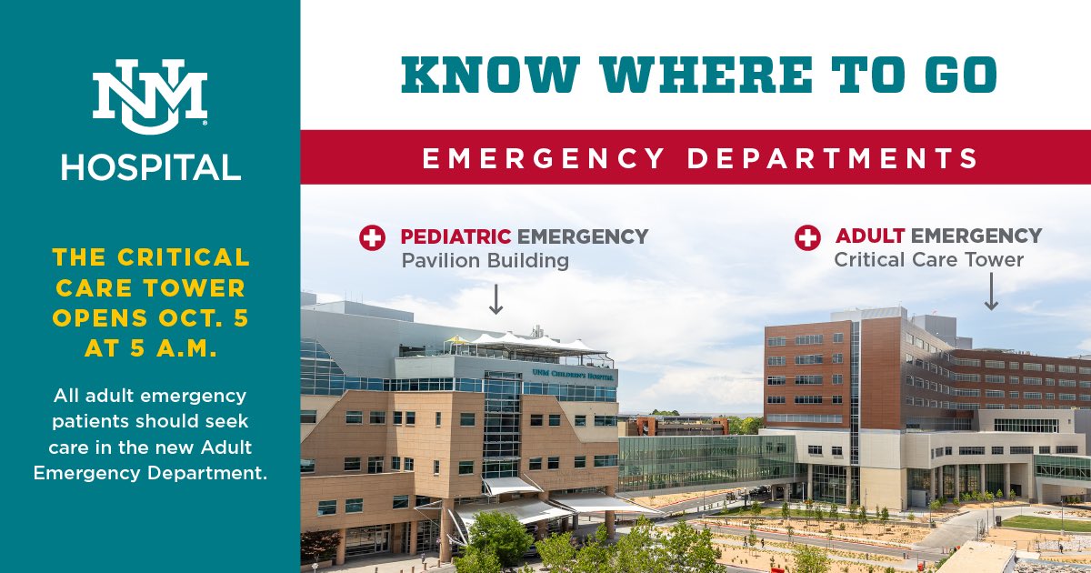 UNM Hospital (@unmhospital) on Twitter photo 🚨 Starting Sunday, Oct. 5 at 5 a.m.
UNM Hospital’s new Adult Emergency Department opens in the Critical Care Tower (Yale Blvd. near Lomas).
📍Maps: bit.ly/4nzKqcT 🚨 Starting Sunday, Oct. 5 at 5 a.m.
UNM Hospital’s new Adult Emergency Department opens in the Critical Care Tower (Yale Blvd. near Lomas).
📍Maps: bit.ly/4nzKqcT