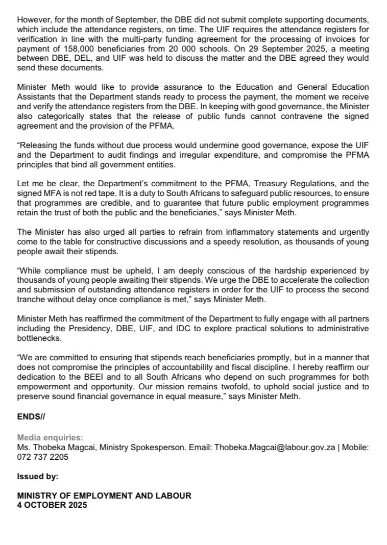 Thobeka_Rare's tweet photo. The Minister of Employment and Labour has refuted claims by the DBE regarding nonpayment of BEEI stipends and urges the DBE to submit the required documents for verification and payment @1Khosi_Meth @DmJomo #EducationAssistants #BEEI https://t.co/HHge3xJpAg