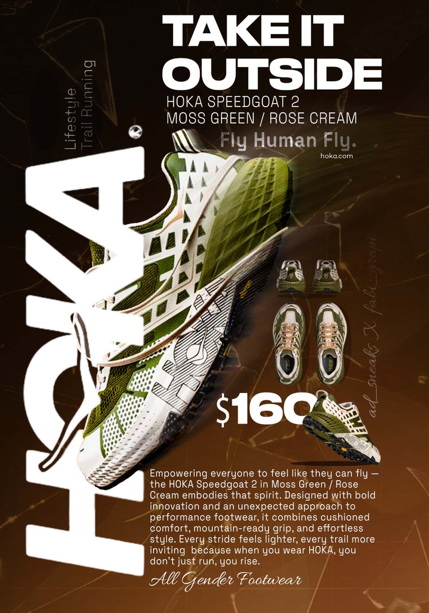 fabi_graphix's tweet image. Day 3 Sneakers Poster : The HOKA Speedgoat 2 - born to make every step feel like flight. 🚀 #HOKA #Speedgoat 
Photo credit @ad__sneaks 

Hopefully one day i get to rock of these incredible sneakers ✌🏾
#posterdesign  #36DaysSneakerPoster 
#designseries #posterseries