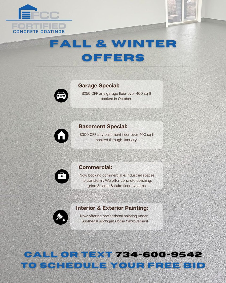 🚨 Fall &amp; Winter Specials! $250 OFF garages + $300 OFF basements.
Call/Text 📲 734-600-9542 — transform your floor today!
#GarageGoals #SEMichigan