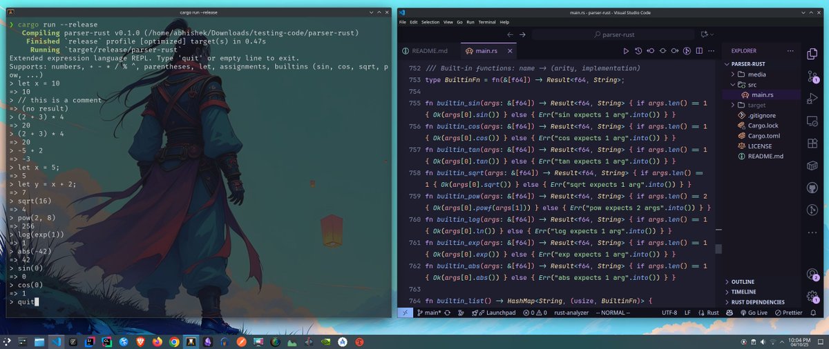 Abhishekcur's tweet image. I built my own Parser + evaluator in Rust (from scratch) in 3 days.

Features:
- Lexer with identifiers, keywords, numbers, operators, comments, and line/column spans
- Pratt parser with correct precedence and right-associative exponent
- Statements: let, assignment,…