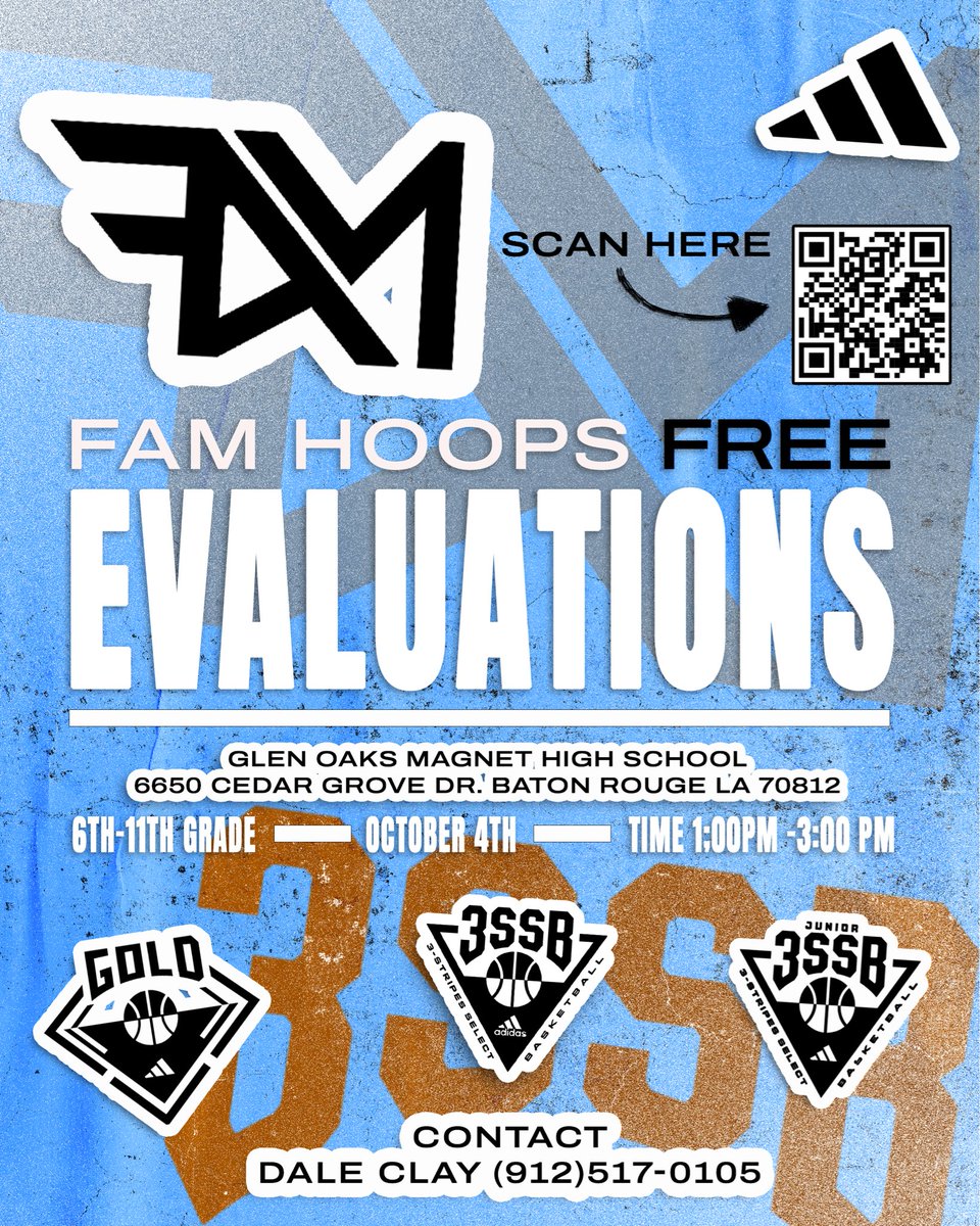 🚨Information for today’s evaluation in Baton Rouge Louisiana! See you all soon! 

📝 Sign up: qr.link/L0qed6

📍 6650 Cedar Grove Dr Baton Rouge, LA 70812

Huge thanks to all who registered! 

#TheFAMway 💙🤍🏀