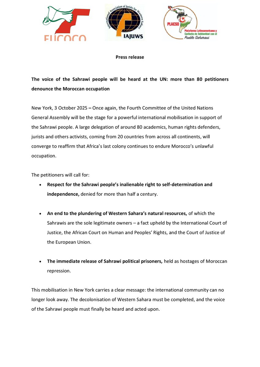 The voice of the people of #WesternSahara🇪🇭, the last colony in Africa, will be heard at the UN🇺🇳: more than 80 petitioners denounce the Moroccan occupation (Press Release)
<a href="/iajuws/">A. Internacional de Juristas por Sahara Occidental</a>
<a href="/49_EUCOCO_Paris/">49e EUCOCO</a>
<a href="/placso2022/">PLACSO</a>