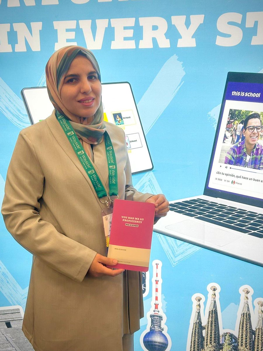 Honoured to have #flanc25 teacher of the year, Najoua Ben Ramak, over at our booth. Mabrouk!