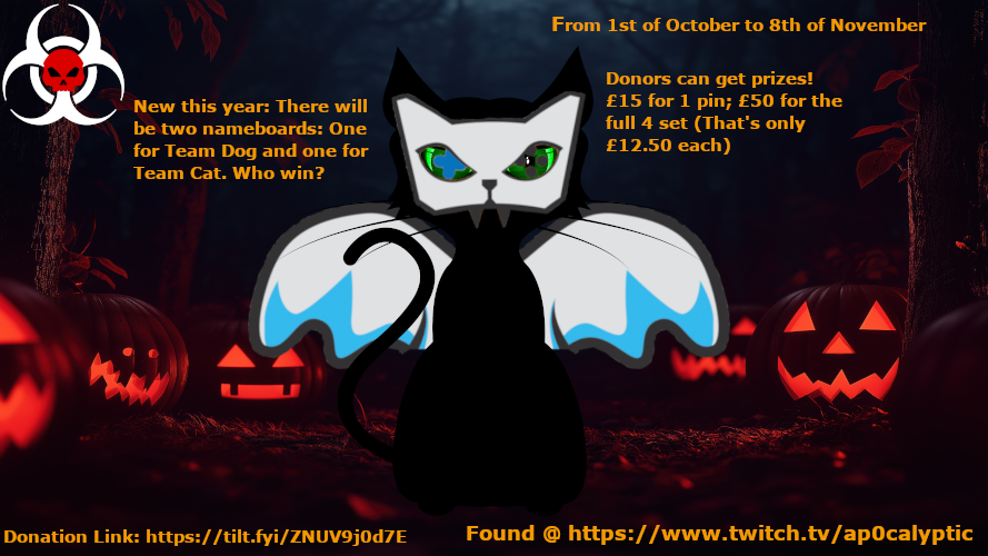 qApocalypticp's tweet photo. The apocalypse returns! We're live with our #HallowStream journey! We had a great start, but that doesn't mean we're gonna slow down! We'll still be raising money for @The_Blue_Cross as we have a fun and chaotic time! Come on in to find out how to help! https://t.co/bqDAo3bhGD https://t.co/be8zjnsWWX