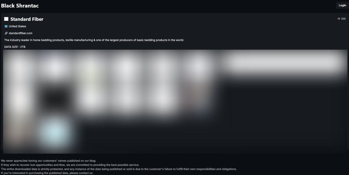 FalconFeedsio's tweet photo. 📢 Ransomware Alert: 🇺🇸

Standard Fiber (https://t.co/nc541WRyEm), a leading producers of home bedding products and textiles, based in USA, has reportedly fallen victim to the BlackShrantac ransomware group.

NB: The group initially listed the victim as unidentified on September 26, 2025, but later, on October 4, revealed the company’s full domain and compromised data on its dark web portal.

🔍 Key Details:

🛡 Threat Actor: BlackShrantac 
📅 Reported on: October 4, 2025