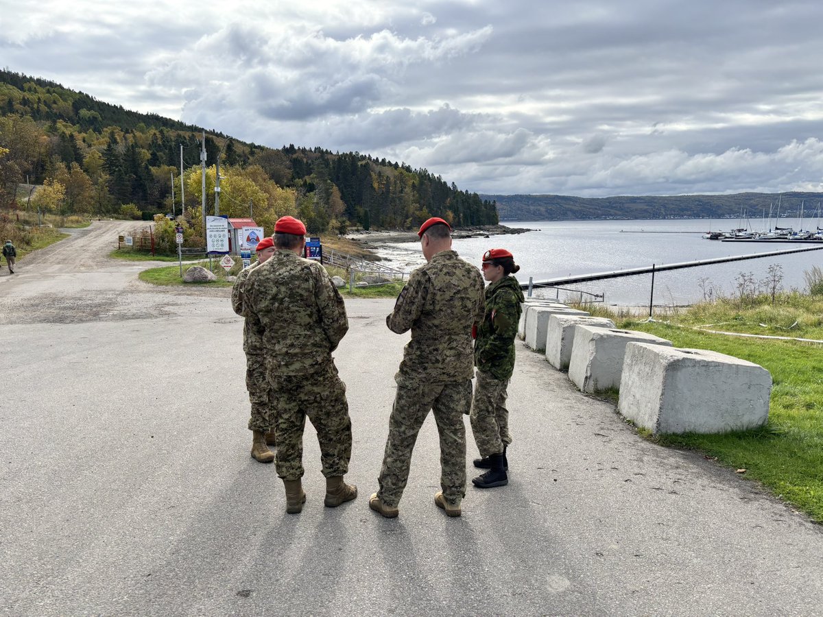 Leadership - the command team and leaders of 4 MP Coy recce the spot in beautiful La Baie QC where their troops will set up a CPers area as part of Ex SAPIN ATTRAYANT, a joint ex with La Régt du Saguenay, HMCS Champlain, and 35 CER.