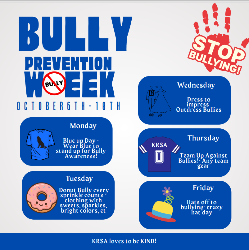 Join us in making a stand against Bullying. We want to see everyone in blue on Monday. Participate in dress up days all week. Kriewald Kind Coyotes!