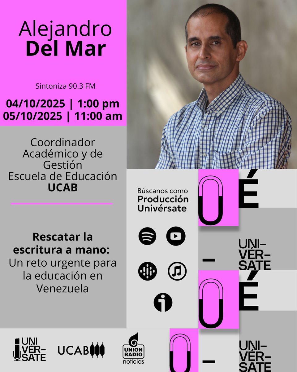📝 ¿Tomar apuntes a mano sigue siendo clave para aprender mejor?

En breve, el profesor Alejandro Del Mar, coordinador académico de la Escuela de <a href="/EducacionUCAB/">Educación UCAB</a>, nos hablará sobre este tema en #Univérsate.

Escúchanos por:
📻 90.3 FM (Caracas)
💻 mundour.com/live-urn