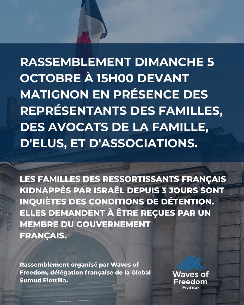 🚨 La France n’a pas eu un mot pour condamner l’enlèvement de ses ressortissant•es par une armée génocidaire. 

À l’appel des familles des Français•es kidnappé•es et incarcéré•es par Israël, rendez-vous demain à 15h devant Matignon pour exiger une réaction du gouvernement.