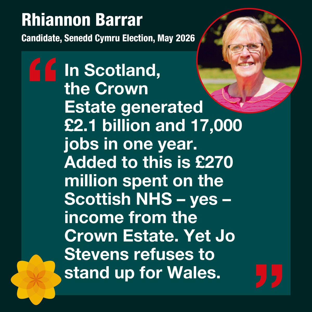 Rhiannon Barrar, a candidate, has criticised Jo Stevens, Welsh Secretary, for not standing up for Wales. She highlighted that in Scotland, the Crown Estate generated £2.1 billion and 17,000 jobs in a year, with £270 million benefiting the Scottish NHS from this income.