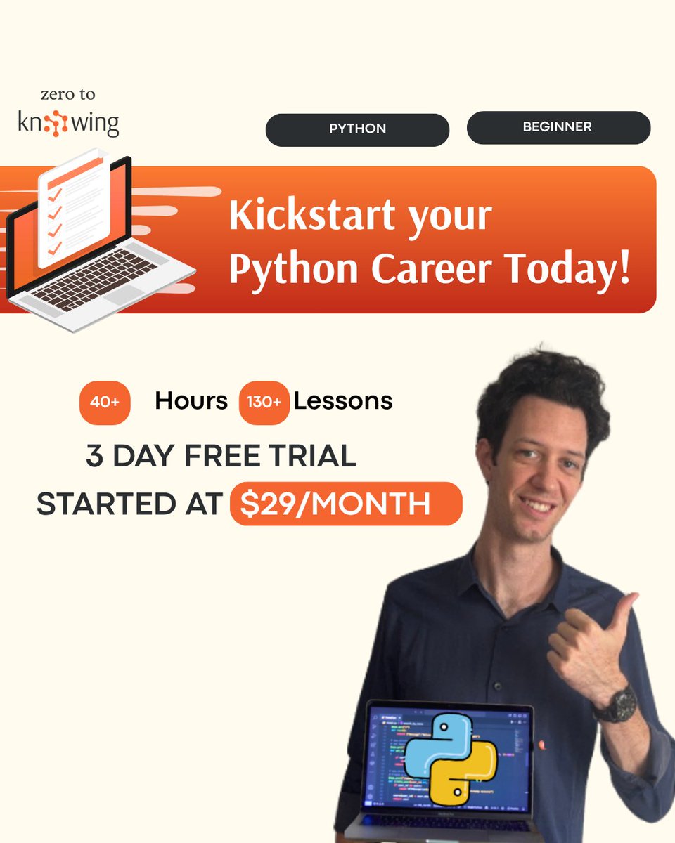 The_JoshWenner's tweet image. At ZeroToKnowing’s Python Masterclass, we assist beginners to learn smarter, not harder.
Try it free for 3 days, then just $29/month — cancel anytime.
Build your first project. Boost your confidence.
Let’s start today 👉 lnkd.in/gJm-s86Y
#Pythoncourse