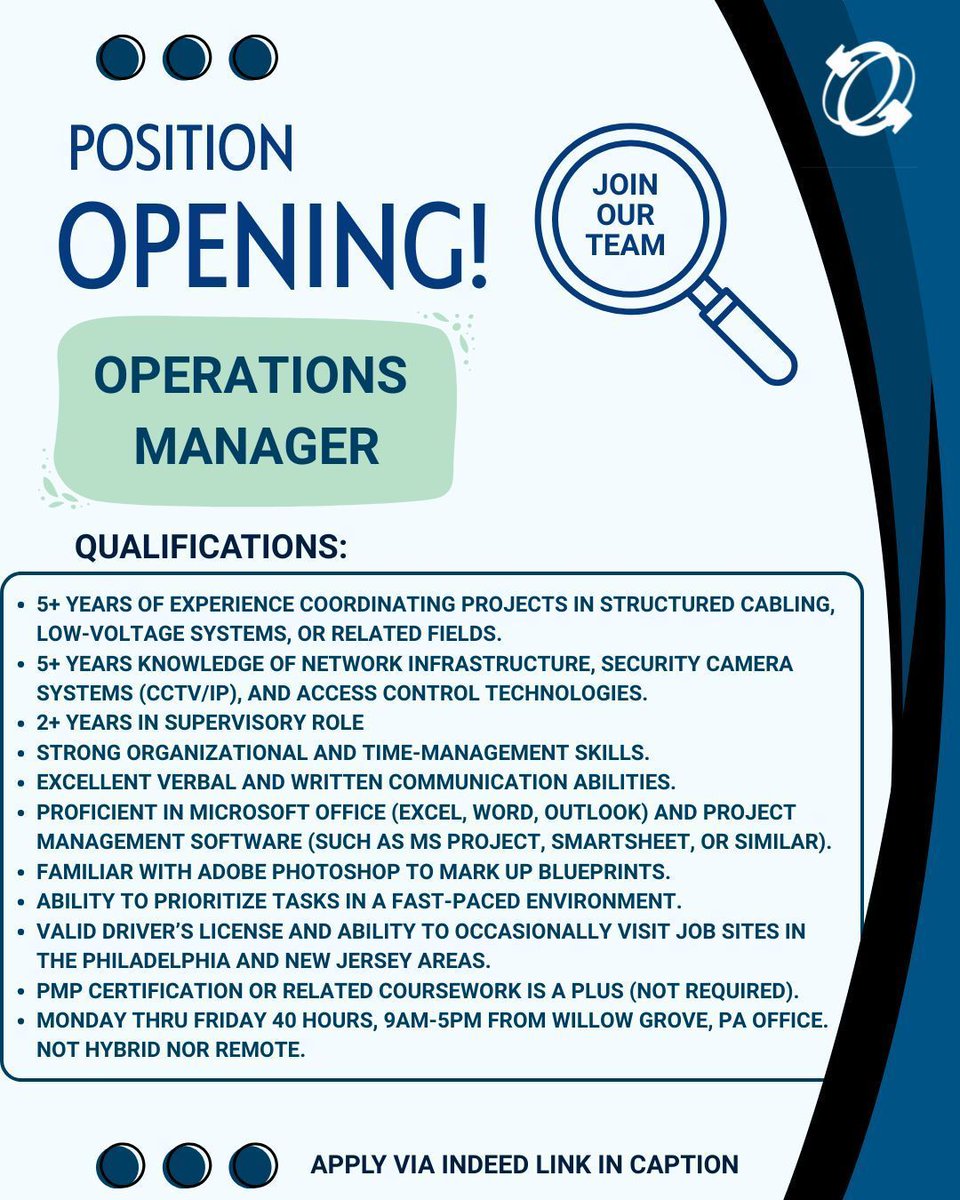 bridgecable's tweet image. Check out the qualifications for our operations manager position. Think you could be a good fit? Apply below👇📋
indeed.com/viewjob?jk=315…
#OperationsManager #PhiladelphiaJobs #NetworkCabling #AccessControlSolutions #Telecommunications #BridgeCableTeam #HighestRated