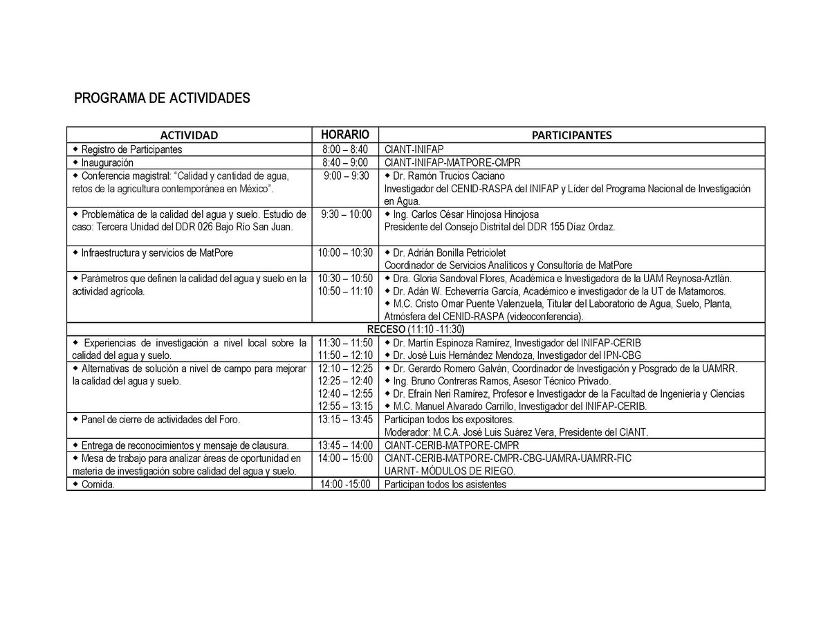 Te invitamos a participar en el Foro Técnico “Desafíos de la calidad del agua y el suelo en la agricultura – Por un cultivo sano y libre de contaminantes”, el cual se realizará el 9 de Octubre, 2025, en un horario de 08:00 – 15:00 hrs., en el Auditorio del Campo Experimental Río