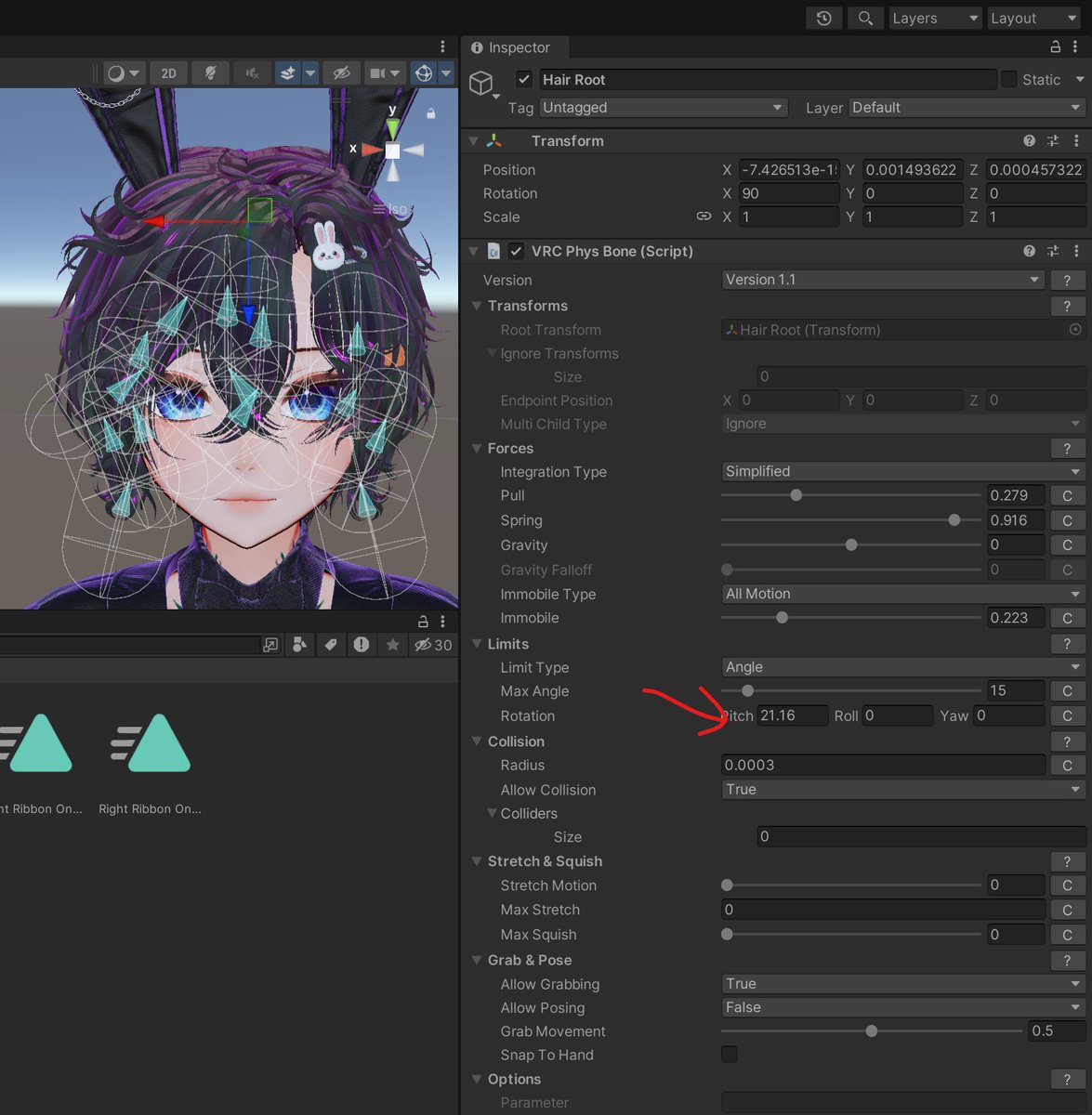 BigZeekNep's tweet photo. @Strykus @ReykuXD @jbollinger1467 @VRChat This is actually an easy fix. On your hair physbone, go into playmode, and set an angle limit on your hair, bring max angle down to something like 20, then on rotation adjust the pitch till the physbones start moving. Bring it back down just a lil bit and your done. https://t.co/QynHsoOUWC
