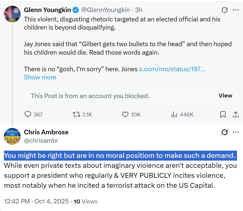 bluevirginia's tweet photo. Well said by @chrisambr. In fact, two things can be true here: 1) what Jones said was horrendous &amp; deserves condemnation by everyone; 2) anyone who supports Trump - one of the most evil people EVER in US history - has no moral standing to demand anything. https://t.co/3bqfaOb8HD https://t.co/gKck1UUERz