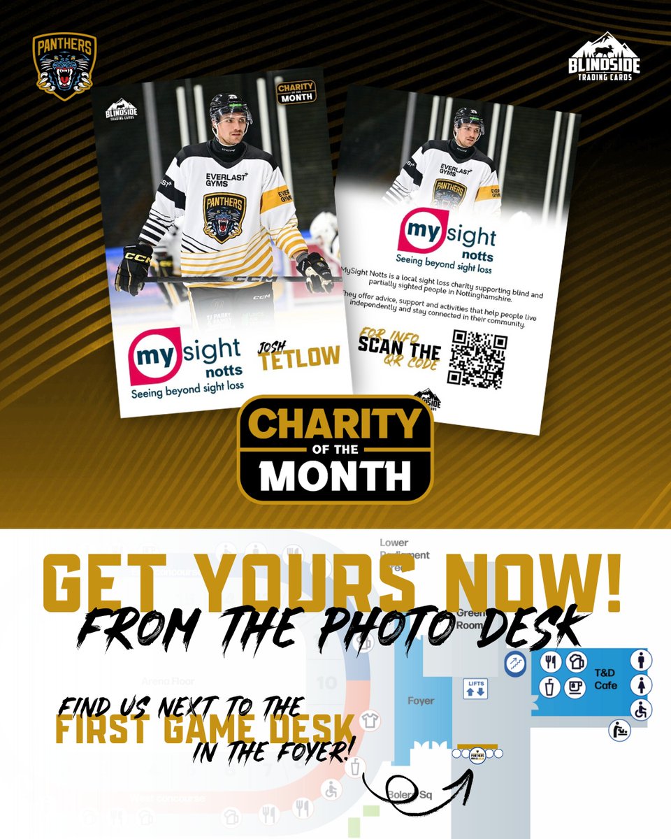 AVAILABLE TODAY FROM THE PHOTO DESK.

We are proud to support the <a href="/PanthersIHC/">Nottingham Panthers</a> in their fundraising efforts for charity.

✅ - blindsidecards.co.uk/trading-cards/

Get your hands on the MySight Notts charity of October trading card tonight!

These collectible cards will be available for