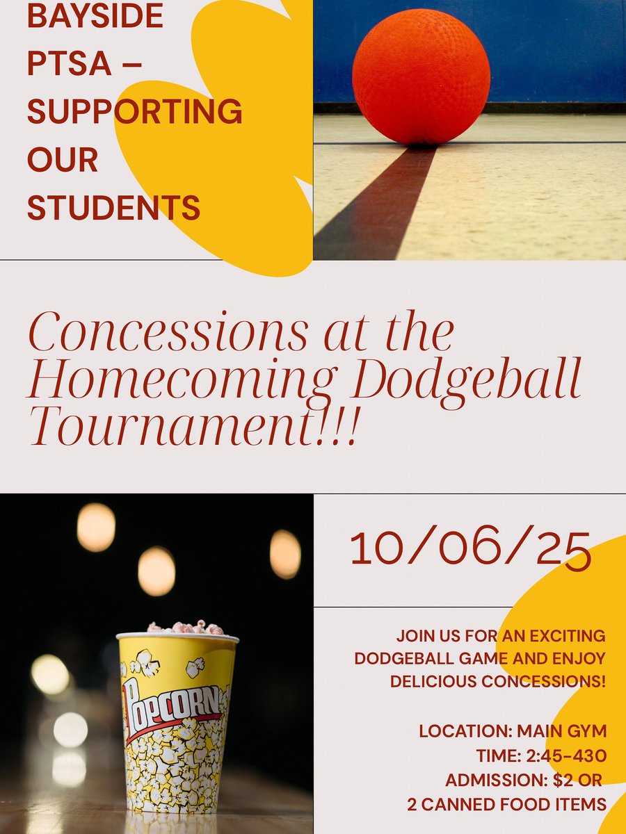bhsvbptsa's tweet photo. 🏐 Don’t dodge the snacks! Stop by the Bayside PTSA concession stand during the Homecoming Dodgeball Tournament this Monday, 10/6! Go Marlins! ❤️💛 #BaysidePride #Homecoming2025 https://t.co/fdMiVgyZXD