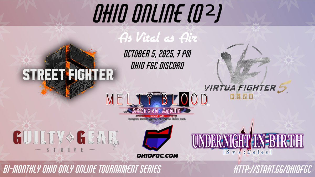 ohiofgc's tweet image. Tomorrow is the day!  The first Ohio Online kicks off tomorrow at 7 PM.  There is still time to prereg (please do)

🔗: start.gg/ohiofgc
🗺️: discord.ohiofgc.com
🎮: SF6, VF5, GGST, MBAACC, UNI