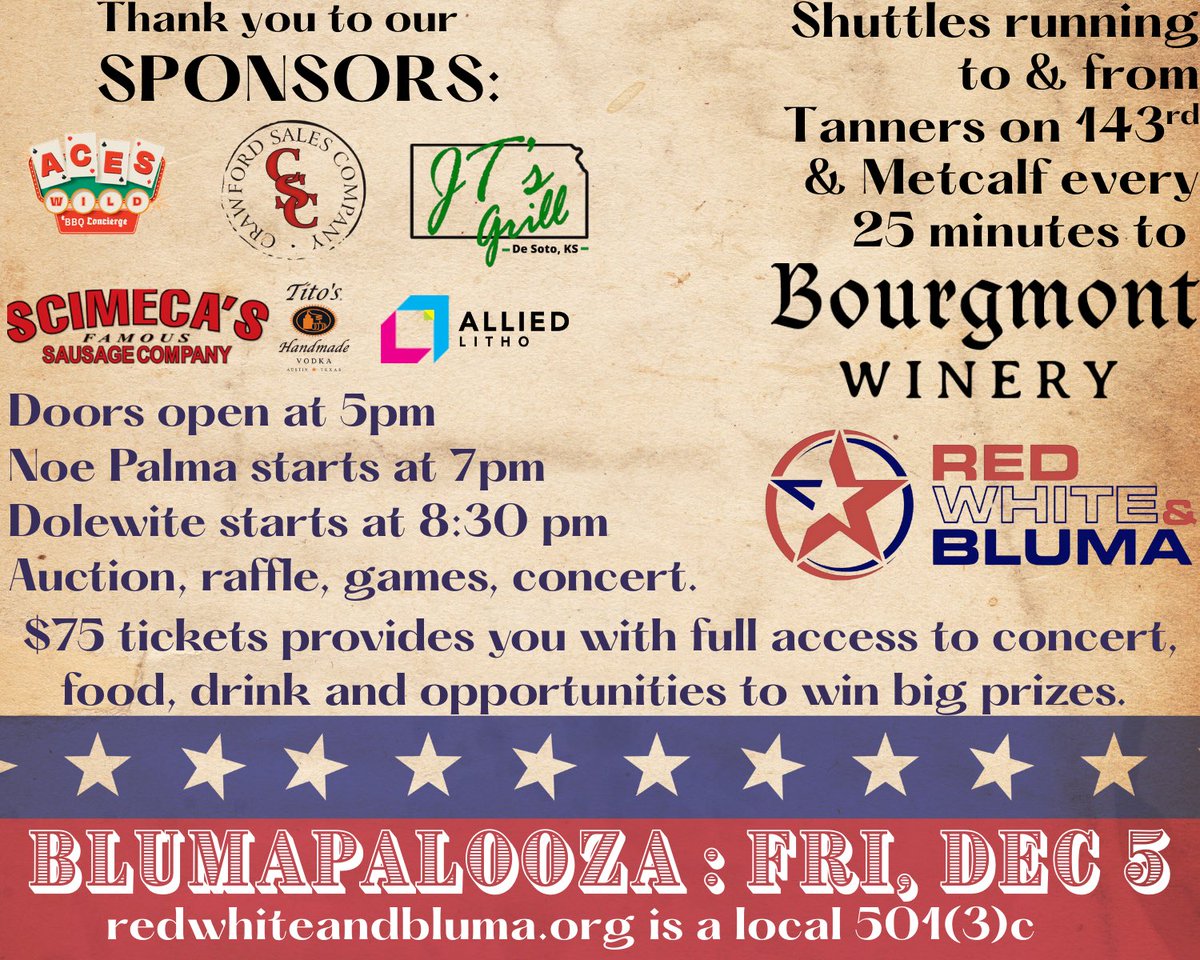 Get ready for BLUMAPALOOZA 2025! 2 months away on December 5th at <a href="/BourgmontW/">Bourgmont Winery</a> ! Tickets available now! <a href="/noepalma/">Noe Palma</a> and <a href="/Dolewite/">Dolewite</a> playing this year!
Silent auction, raffle, fun games, food and drinks included!

Check out "BLUMAPALOOZA 2025" eventbrite.com/e/blumapalooza… @Eventbrite