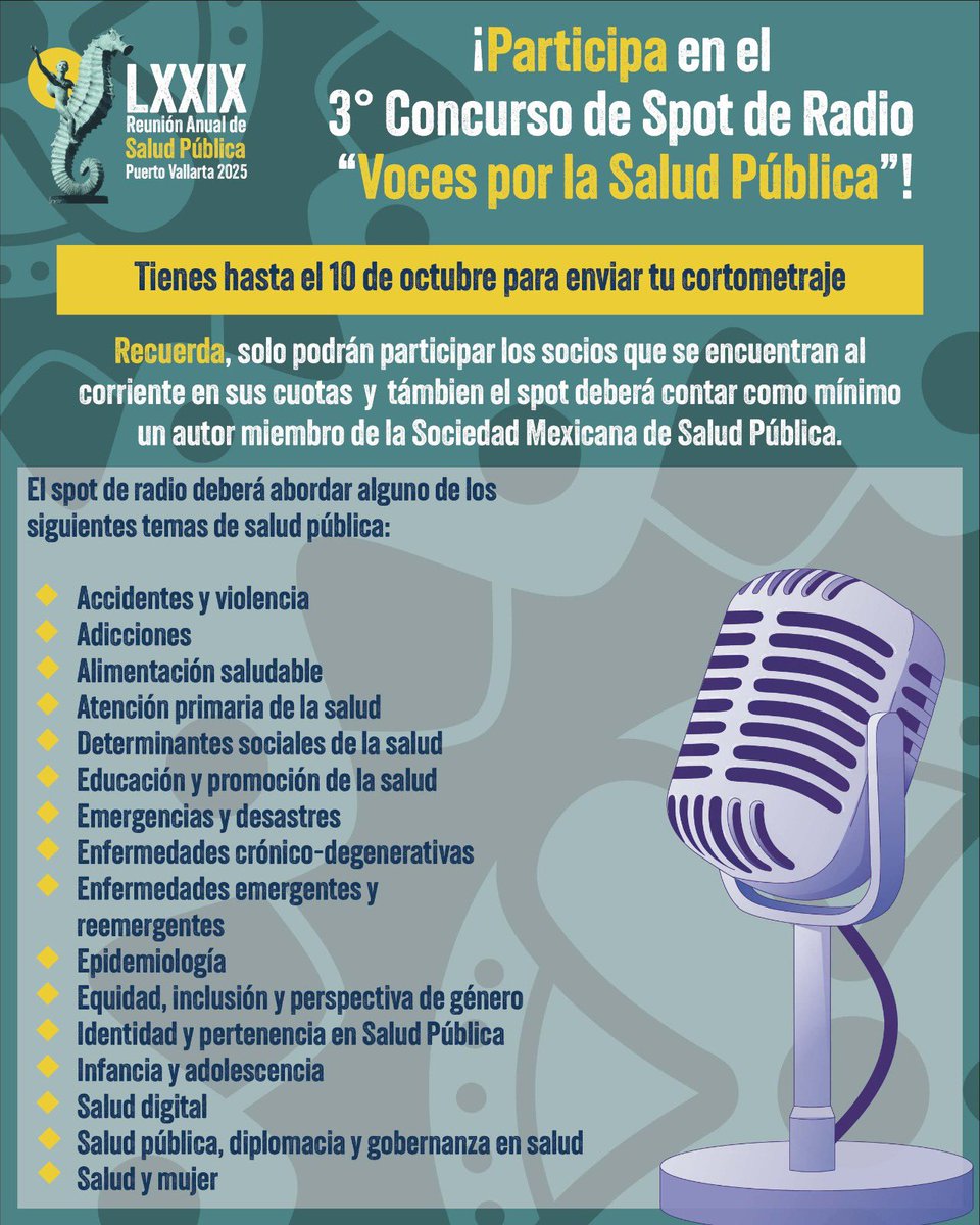 Convocatoria Abierta – Concurso de Spot de Radio 2025 🎙️

¿Tienes una idea potente para promover la salud pública? ¡Queremos escucharla! 

🗓️ Fecha límite: 10 de octubre de 2025

Consulta las bases completas aquí: 79rasp.mx/convocatoria-s…