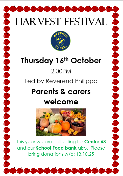 WestvalePrimary's tweet photo. We warmly invite parents and carers to our Harvest Festival assembly. #generosity #thinkingofothers https://t.co/JdX3CWBAPr