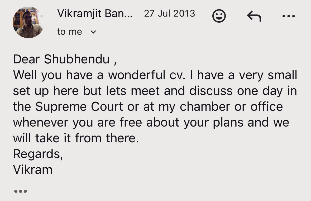 Can a single email change your life?
It did, in my case!

12 years ago, I wrote an email for internship to a lawyer. He replied immediately, and it changed everything for me. I never interned anywhere else after that, I never worked at any other chamber, and I never looked back.