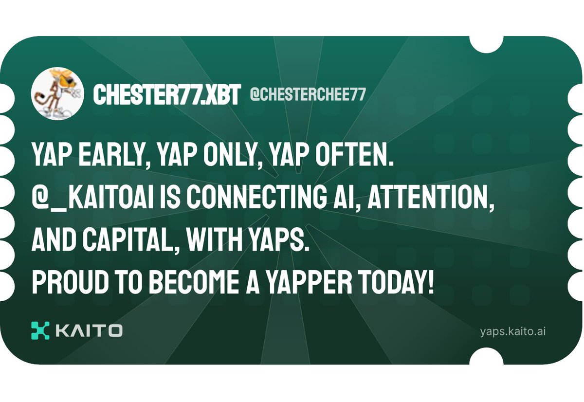 ChesterChee77's tweet image. Yap early, yap only, yap often.

@KaitoAI is connecting AI, attention and capital with Yaps.

Just claimed my social card and I&apos;m accumulating Yap points in real-time.

Claim yours 👉 yaps.kaito.ai/referral/16389…